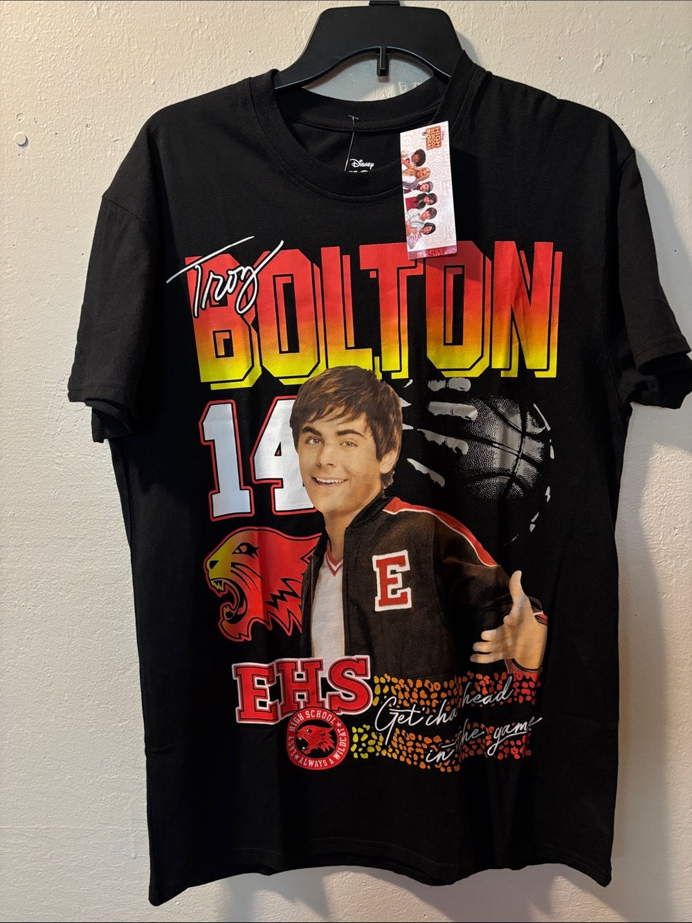 Disney Black Troy Bolton Graphic Tee with Red and Yellow Team Print